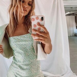 After Thought Satin Slip Dress, mini, green floral